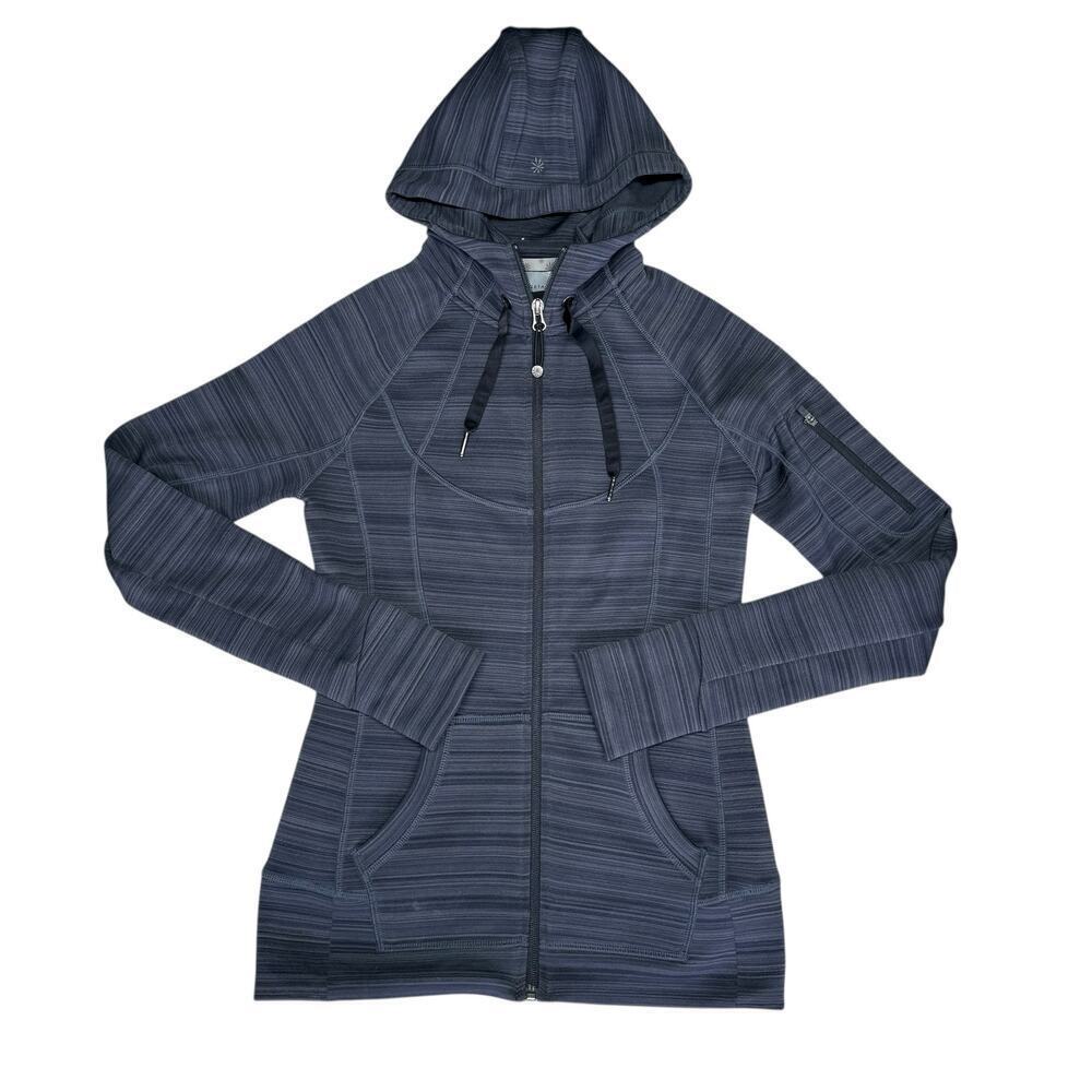 Athleta Fleece Lined Black Gray Stripe Zip Up Pocket Hoodie XS